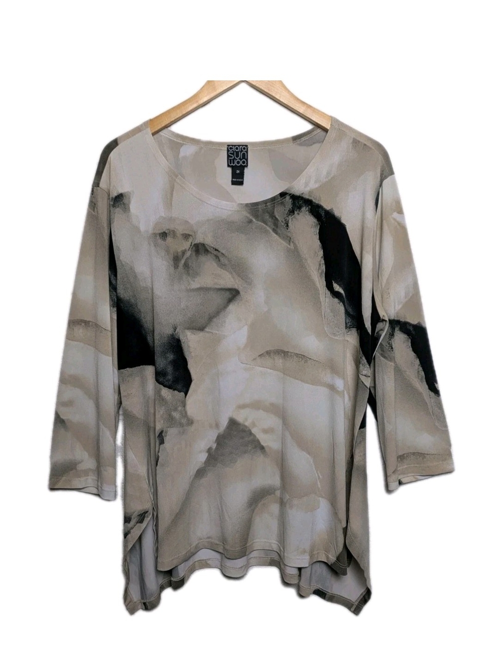 Clara Sun Woo Taupe, Black & Cream Abstract Print 3/4 Sleeve Tunic